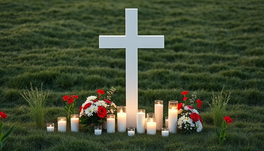 School safety memorial with cross and candles on grassy field.