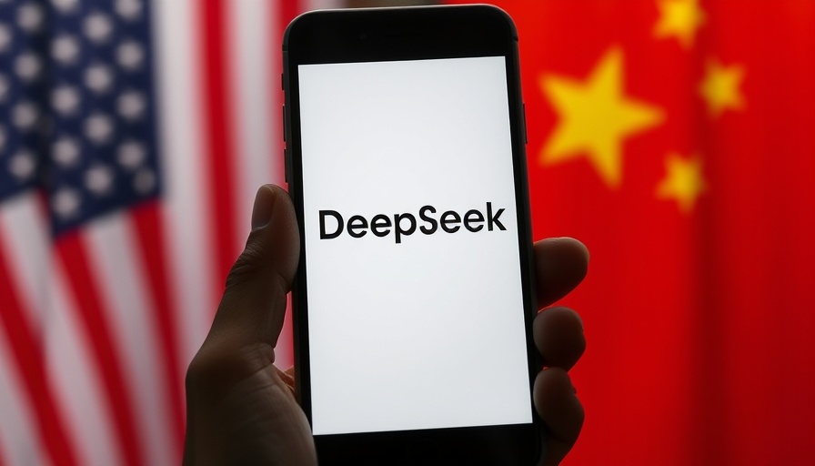 DeepSeek logo on phone with US and China flags, symbolizing censorship.