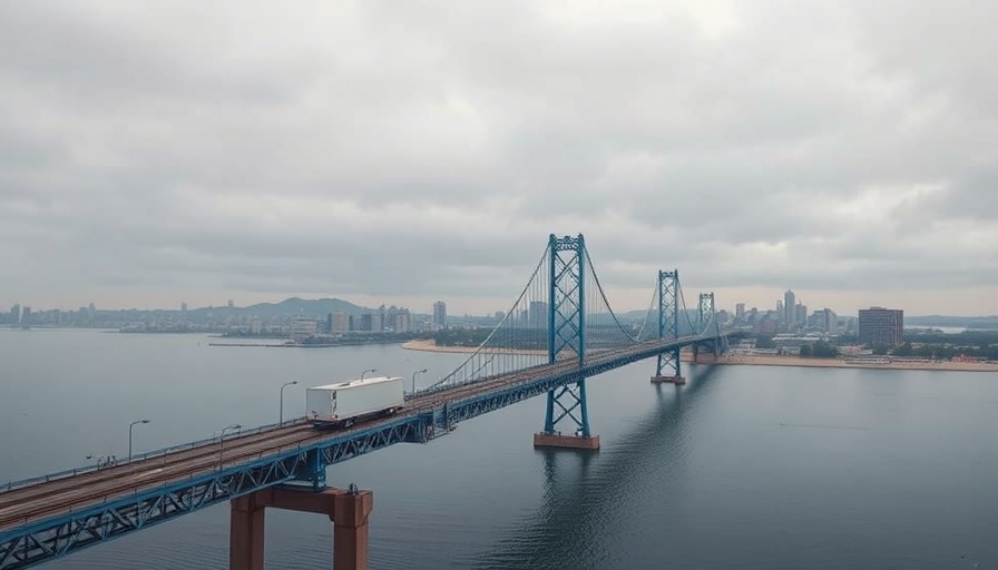 Trucks crossing a blue suspension bridge over water, illustrating trade.