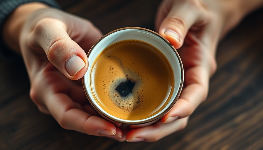 Espresso vs Coffee: Hands holding a small espresso cup with a creamy texture, wooden table surface.