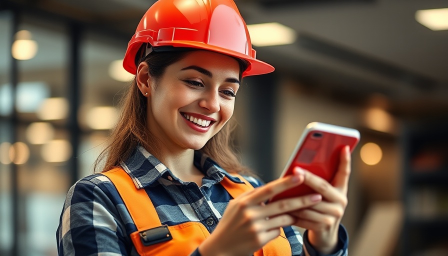 Industrial worker using MiSalud app on smartphone.