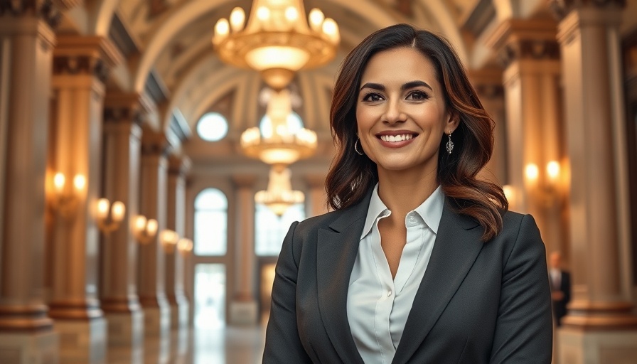 Confident woman in business attire related to health care reform in an ornate hall.