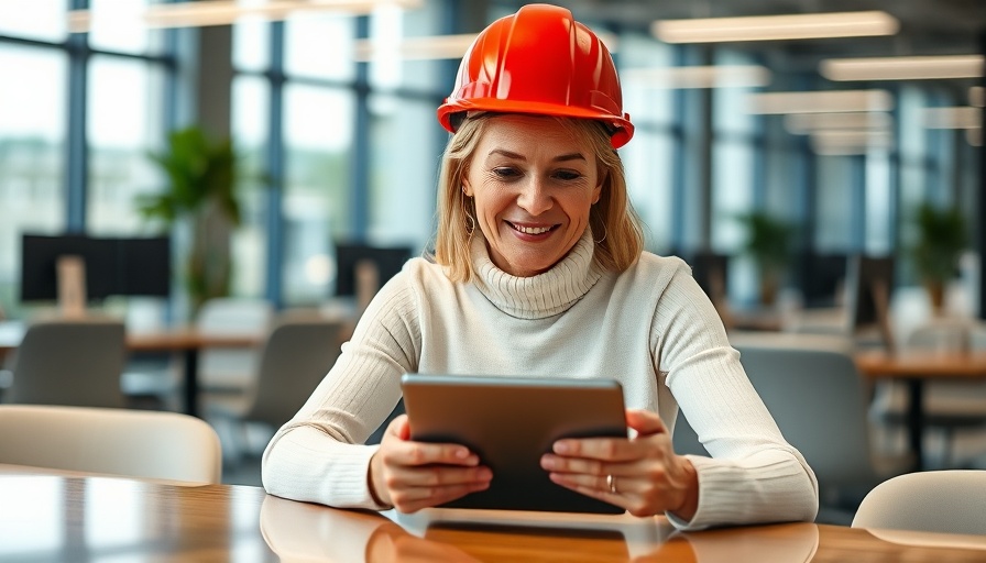 Woman in red helmet using telehealth solutions on a tablet in an office.