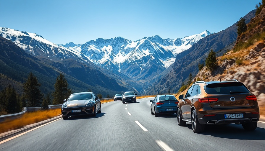 Mountain road with cars and snow-capped mountains background.