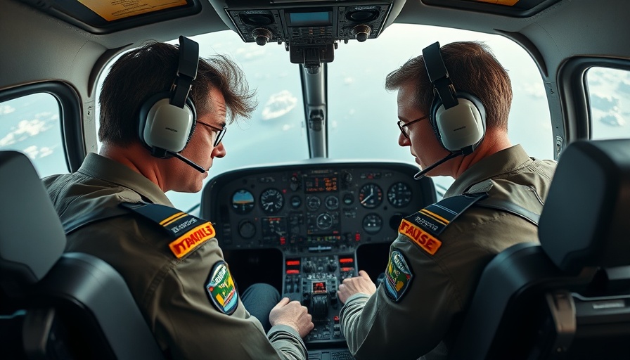 Pilots in a helicopter cockpit during midair collision investigation.