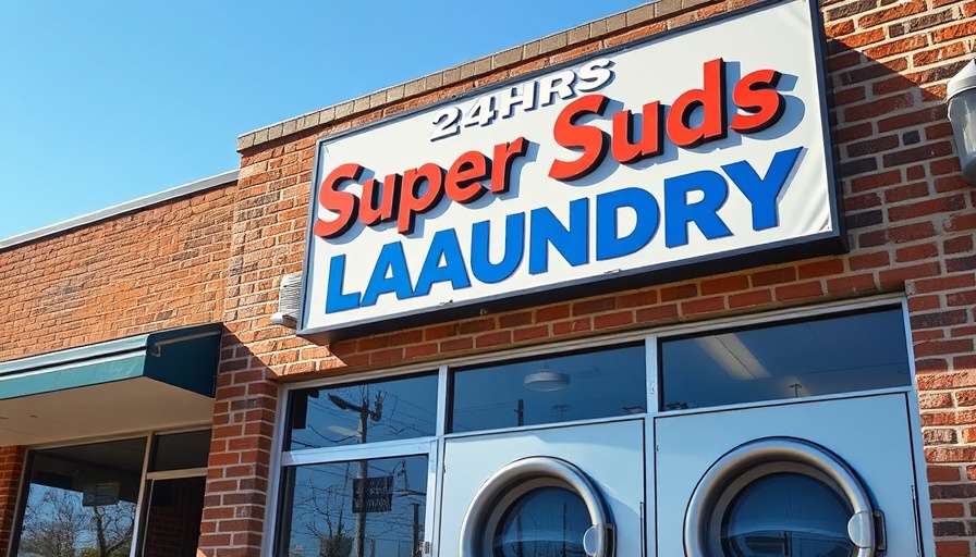 24-hour laundromat with brick facade and large signage.