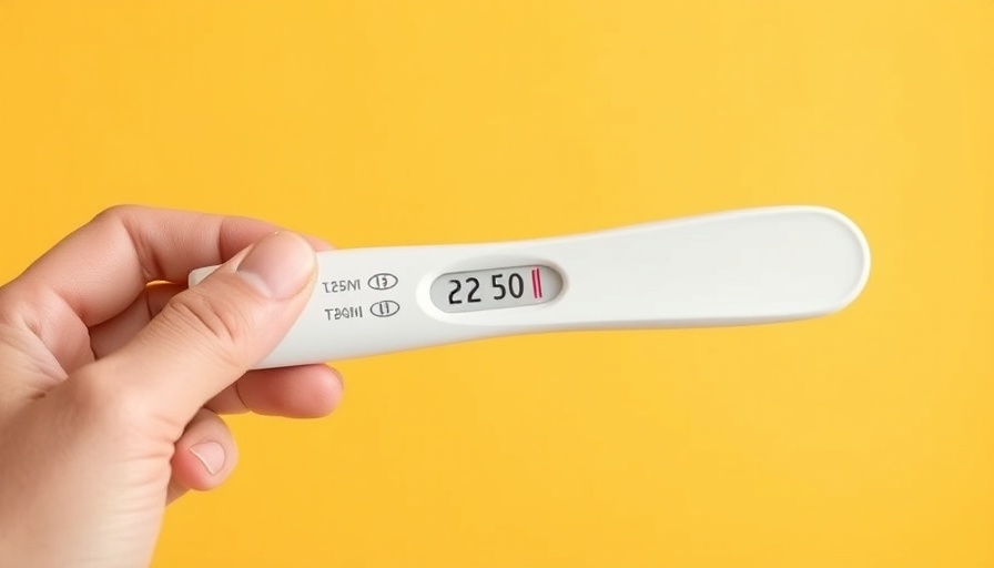 Hand holding a positive pregnancy test on yellow background.