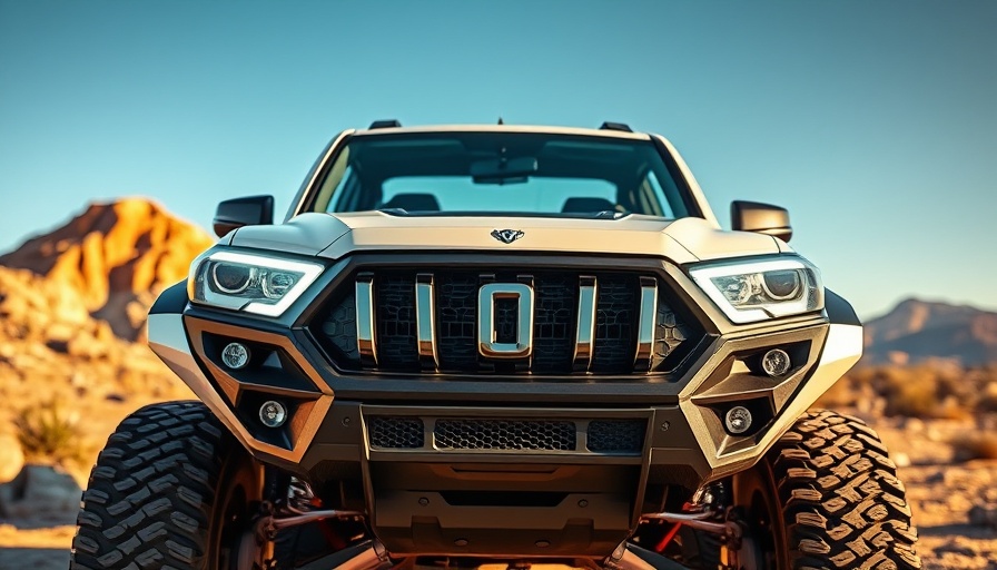 Front of Scout Motors vehicle with desert backdrop, showcasing modern design.