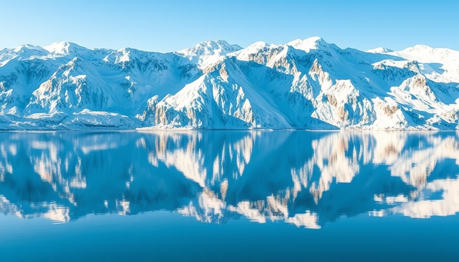 Snow-capped Arctic mountains reflected in water, Arctic warming landscape.