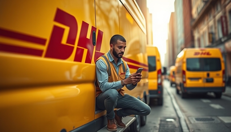 Courier on DHL van, reflecting on import fees, city street.