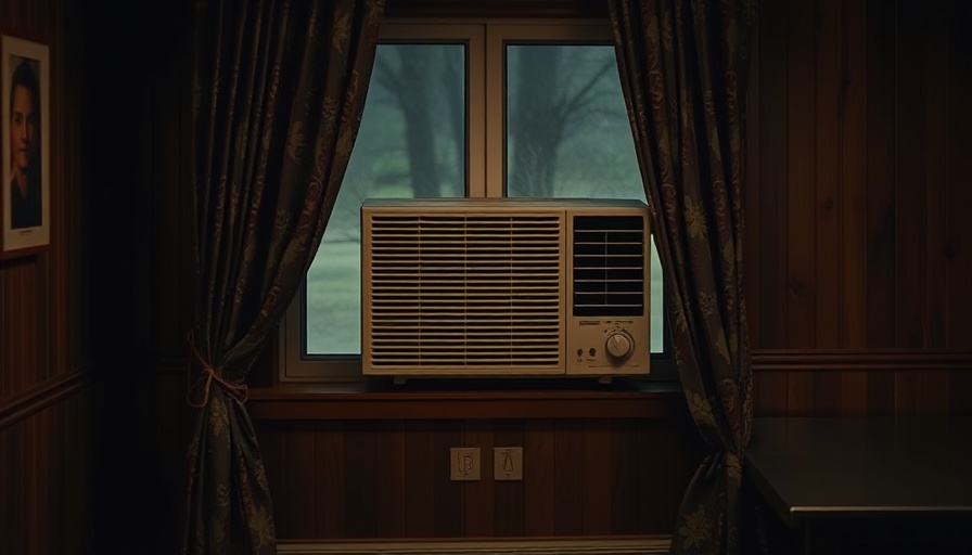 Window air conditioner with patterned curtain in dim light, California heat regulations.