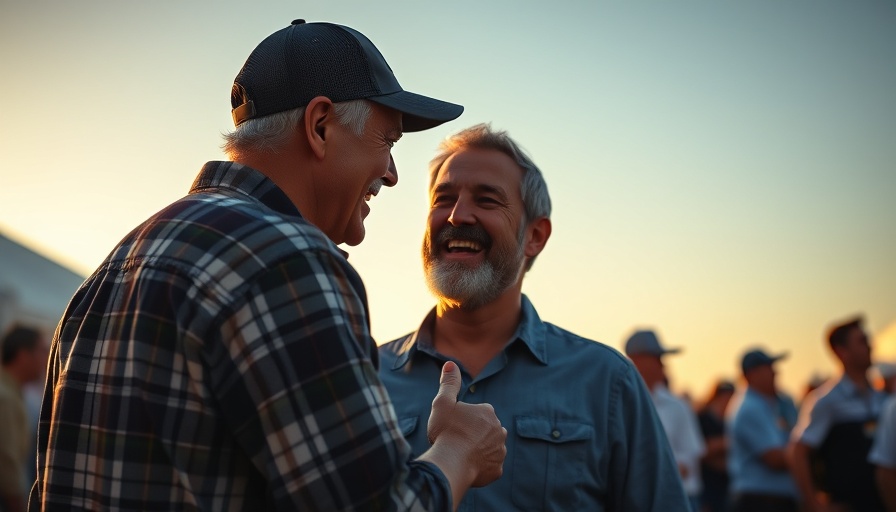 Two men greeting at sunset, one with cap, in a public setting.