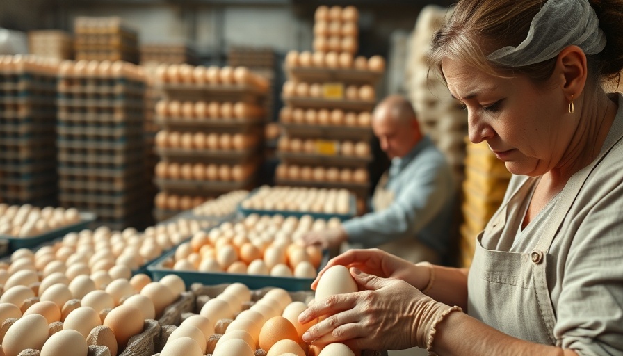 Workers sort eggs in facility, bird flu impact.