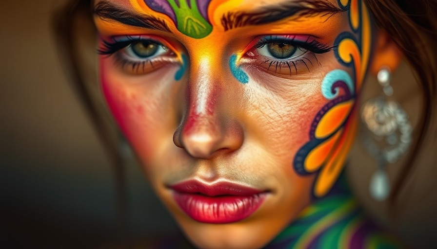 Colorful close-up image of vibrant painted patterns on skin, biromanticism theme.