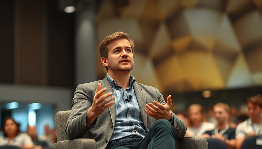 Casually dressed man speaking on stage at conference with abstract background.
