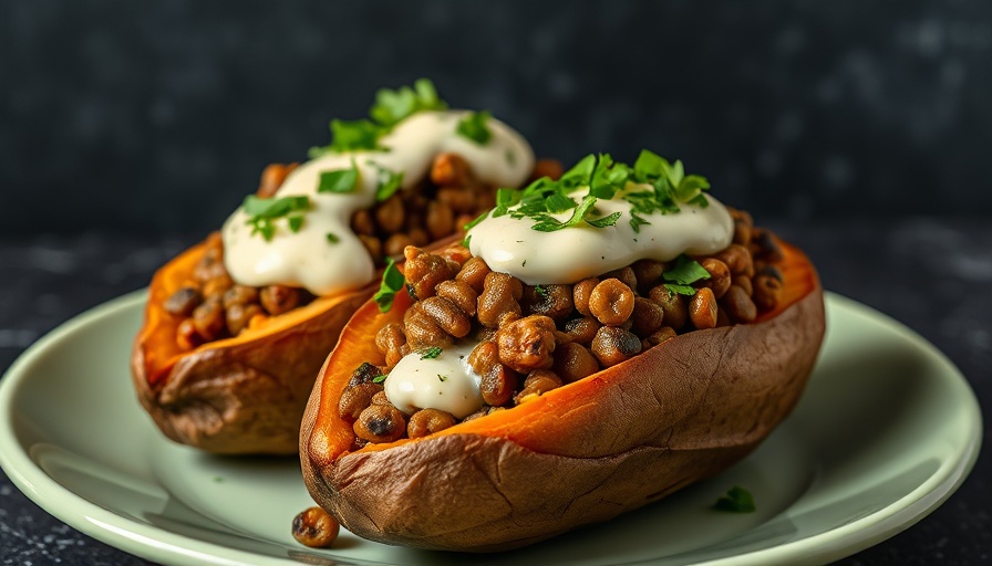 Chipotle chicken-stuffed sweet potatoes with creamy sauce and herbs.