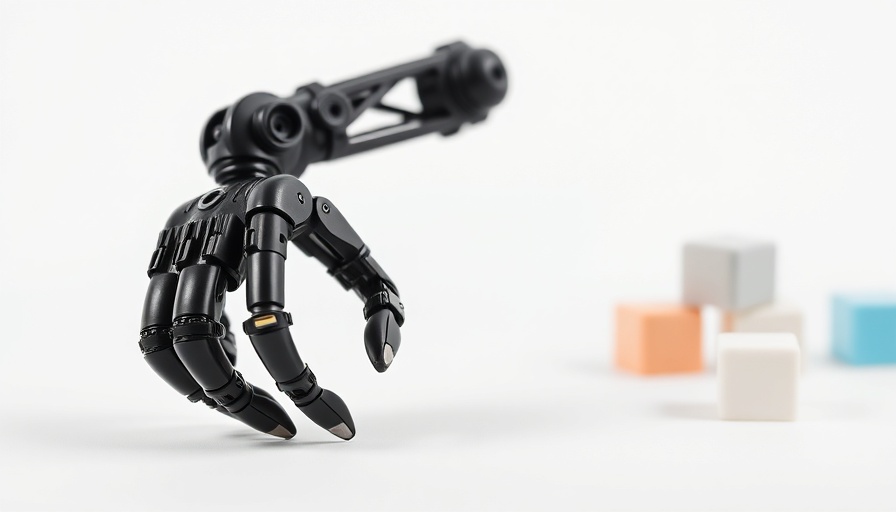 Intricate black robotic arm with transparent cylinder and toy blocks.