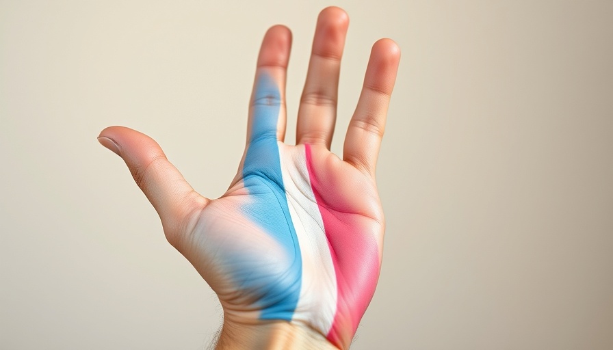 Transgender flag painted on hand symbolizing pride and support.