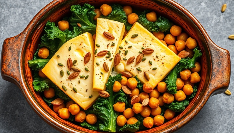Baked feta with kale and chickpeas in a rustic dish.