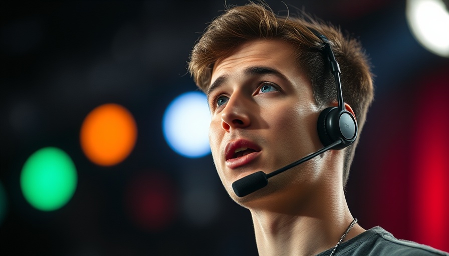 Young man speaking with microphone on dark stage, AI benefits.