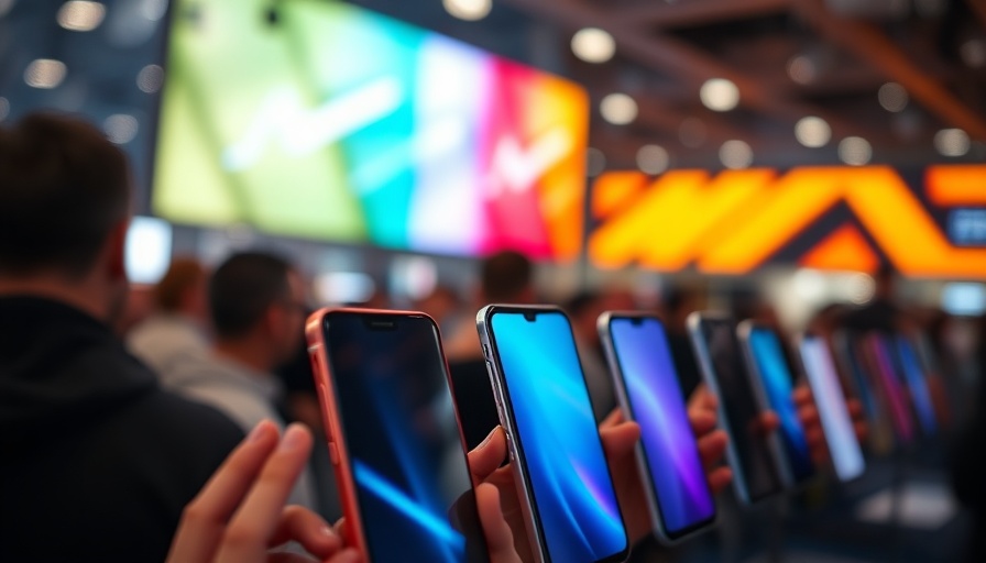 Sleek lineup of smartphones at a tech exhibition.