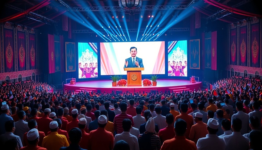 Vibrant ceremonial event with speaker and large audience, grand stage setting.