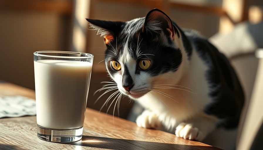 Curious cat and milk on table in sunlight, related to bird flu.