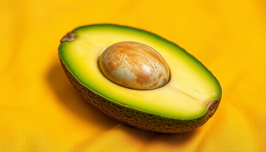 Ripe avocado half on yellow surface for postpartum nutrition.