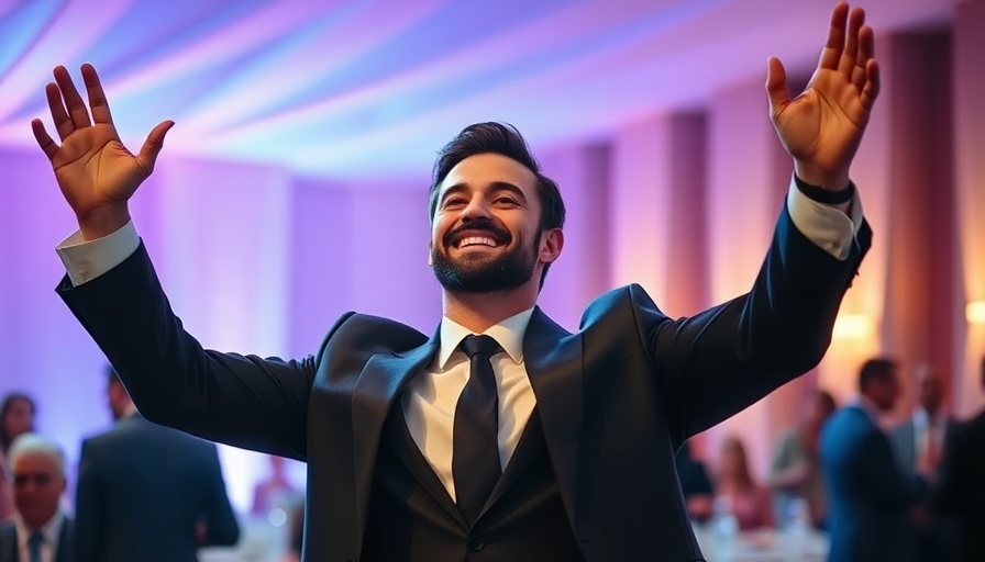 Well-dressed man celebrating at an event.