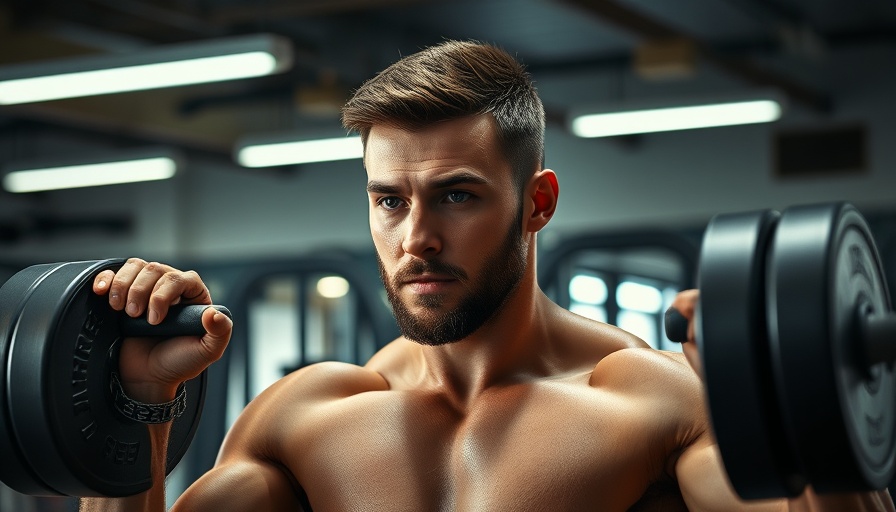 Athletic man lifting weights in gym, promoting psychological health.