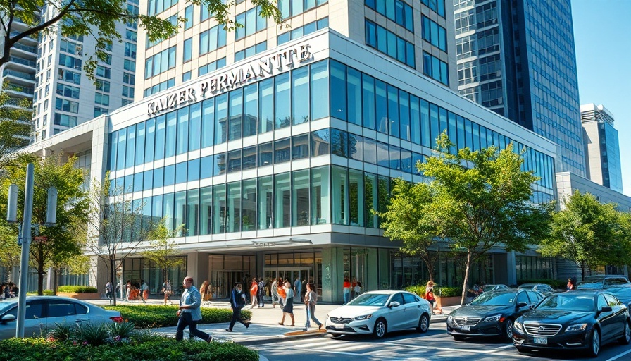Kaiser Permanente building with parking lot and people walking.