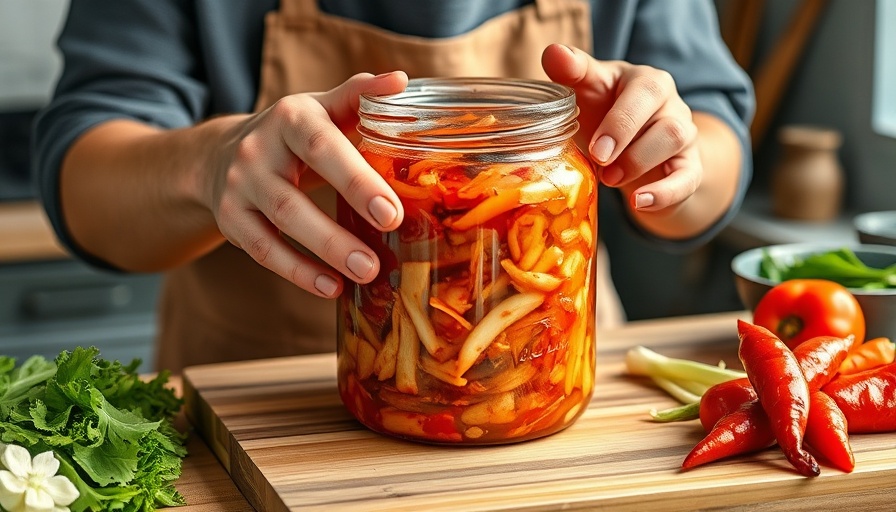 Hands preparing kimchi for gut health on kitchen counter