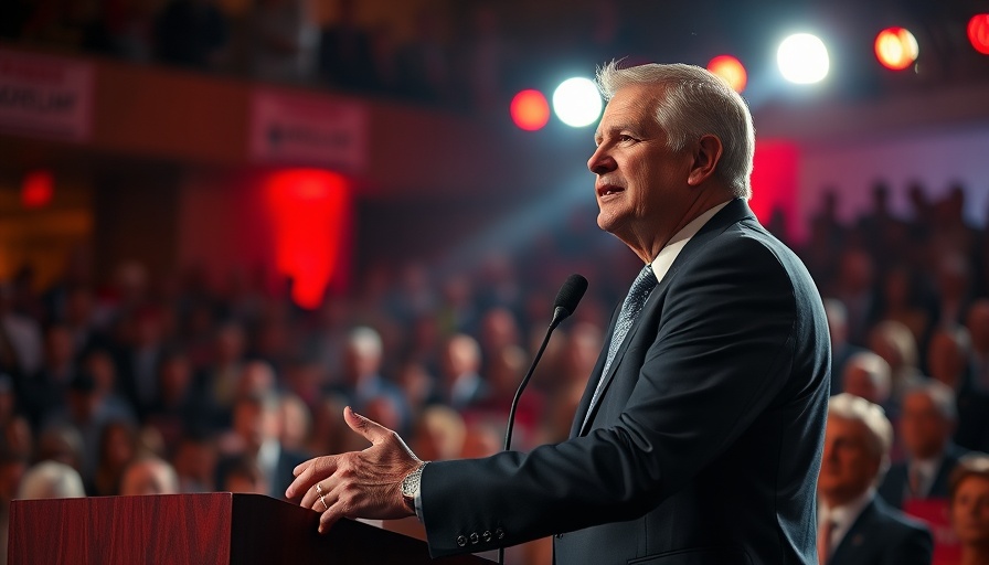 Man speaking at political rally with red-lit crowd in background.