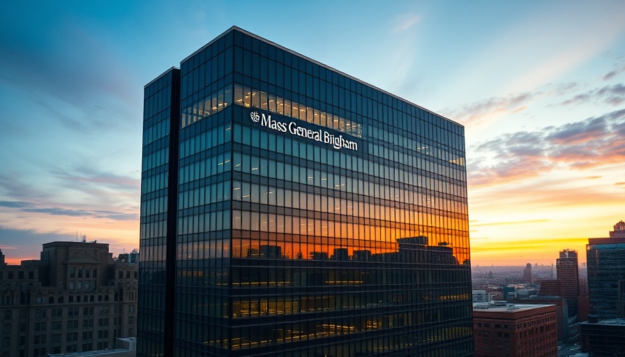 Mass General Brigham building at sunset, layoffs context