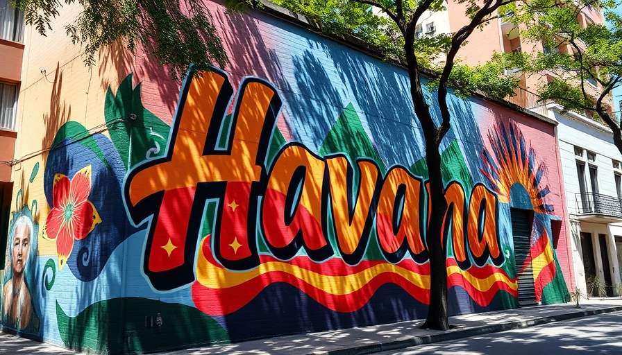 Colorful Havana mural on building wall with urban backdrop.