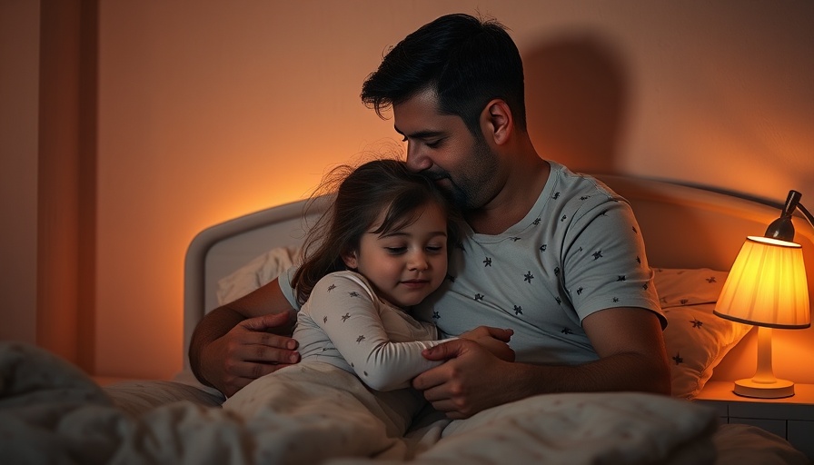Father gives daughter a goodnight kiss, cozy bedtime setting, child sleep tips.