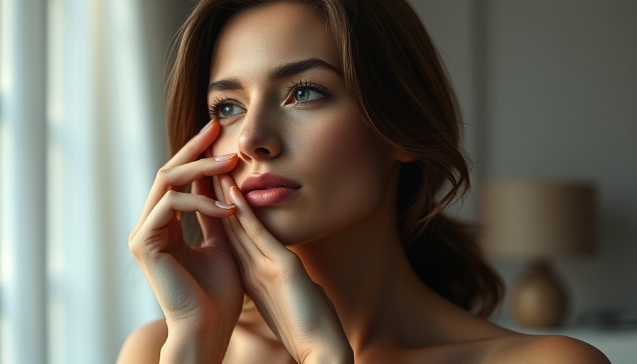 Woman using NIRA Pro laser, gently touching her face.