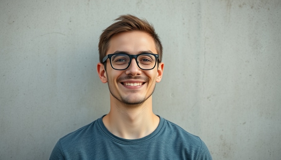 Individual smiling gently against a concrete wall.