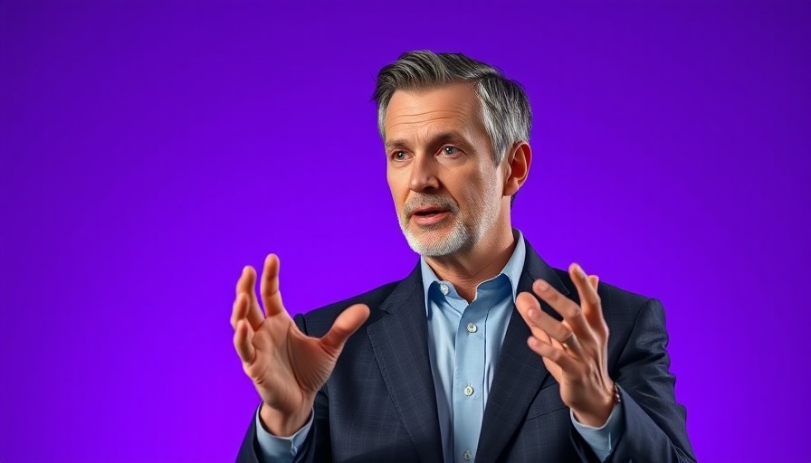 Middle-aged man gesturing during a discussion against a purple background.
