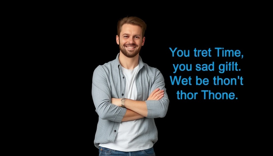Confident man with motivational text about habits, against dark background.