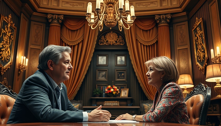 Ornate office setting with people discussing job cuts.