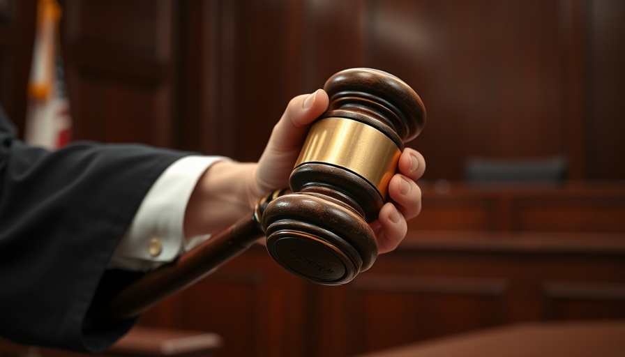 Judge's hand with gavel poised, courtroom setting.