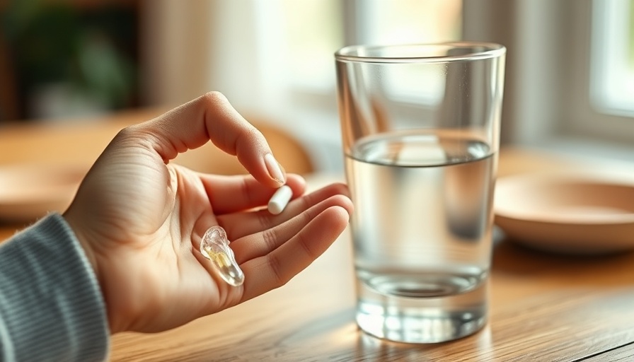 Person holding pill and glass of water, slow biological aging with omega-3 and vitamin D.