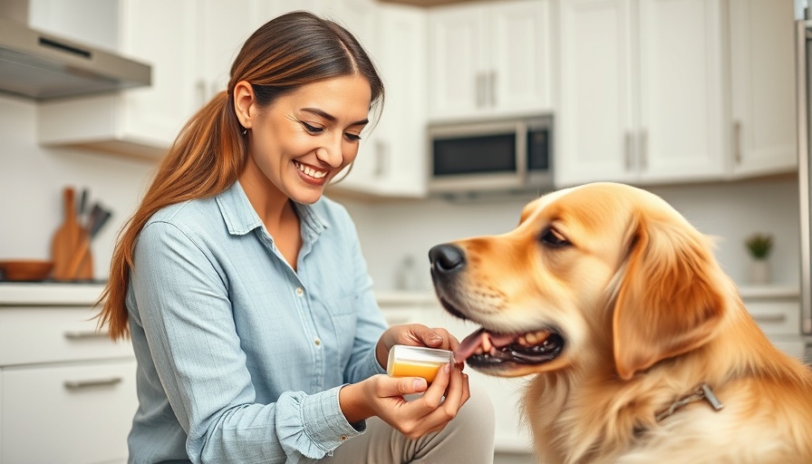 Friendly woman giving dog longevity supplements in bright kitchen.