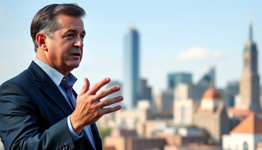 Middle-aged man discusses public policy with city skyline backdrop.