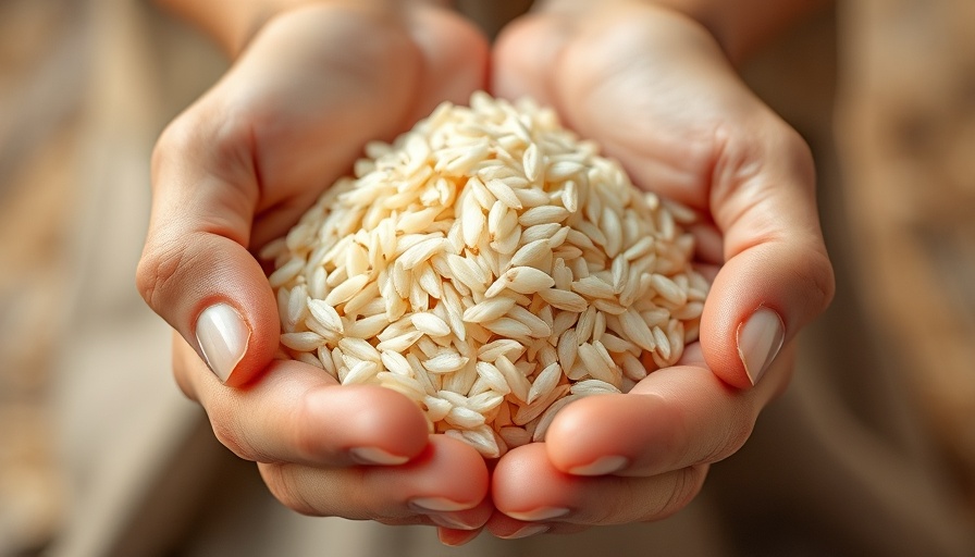 Close-up of hands holding uncooked rice grains for blood sugar friendly rice recipe.