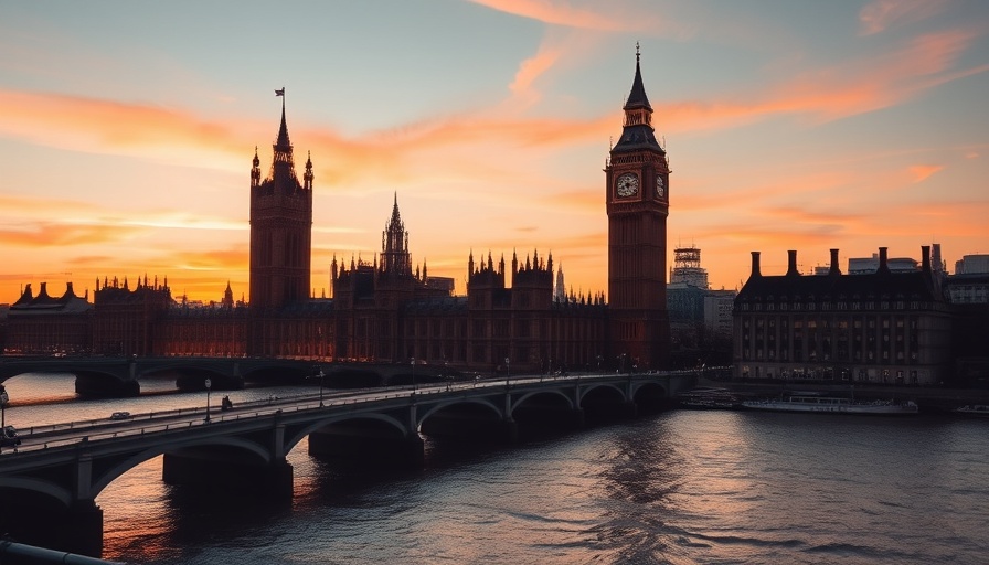 AI Security Institute UK - London skyline at sunset with clock towers.