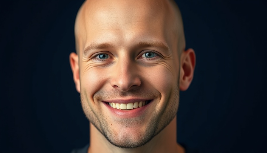 Bald man smiling confidently against a dark blue background.