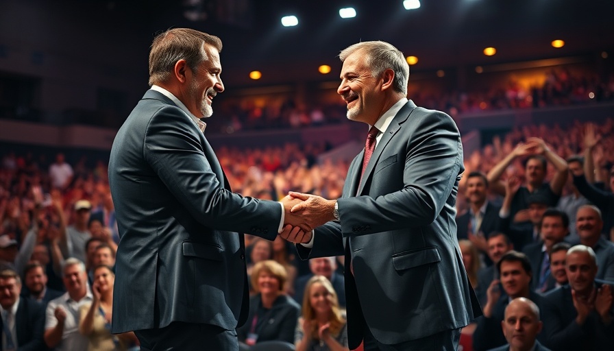 Two men shake hands on stage before a cheering crowd.