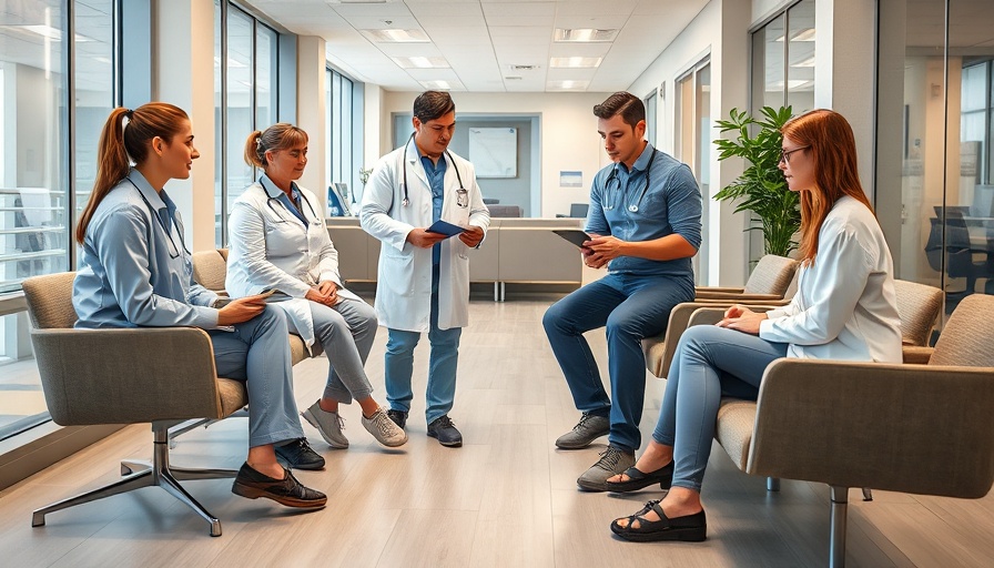 Healthcare professionals discussing patient information in waiting area.